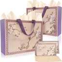 Ziletafei 2 Pack Large Purple Chinoiserie Gift Bags with Tissue Paper, Greeting Cards & Envelopes, 13 x 10.2 x 4.7 in Floral Crane Paper Gift Bag Set for Women, Birthday, Wedding(2-PCS Purple)