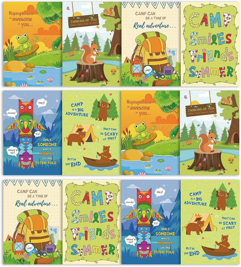 Motiskyy 12 Set Funny Adventure Camp Cards with Envelopes 7. 5 x 5. 2 Inches Summer Greeting Cards Outdoor Themed Travel Gifts for Summer Party Office Parents, Family Away at Camp