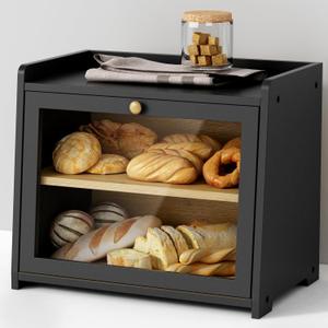 Double Layer Bread Box for Kitchen Countertop, Large Bread Storage Container for Counter Top, 2 Tier Wood Farmhouse Vintage Breadbox for Homemade Bread, Corner, Cabinet, Pantry (Black)