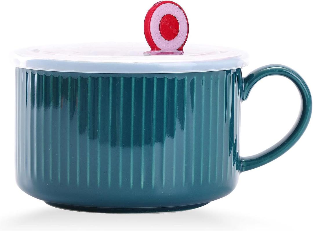 WHJY 30oz Ceramic Bowl with Lid and Handle for Soup and Instant Noodles Soup Mug, Modern Simple Style, with Heat Preservation Handle - Dark green