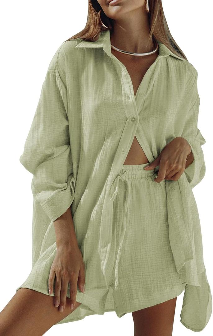 Fixmatti Women 2 Piece Outfits Long Sleeve Button Down Blouse and Shorts Sweatsuit Sets (Medium, Light Green)