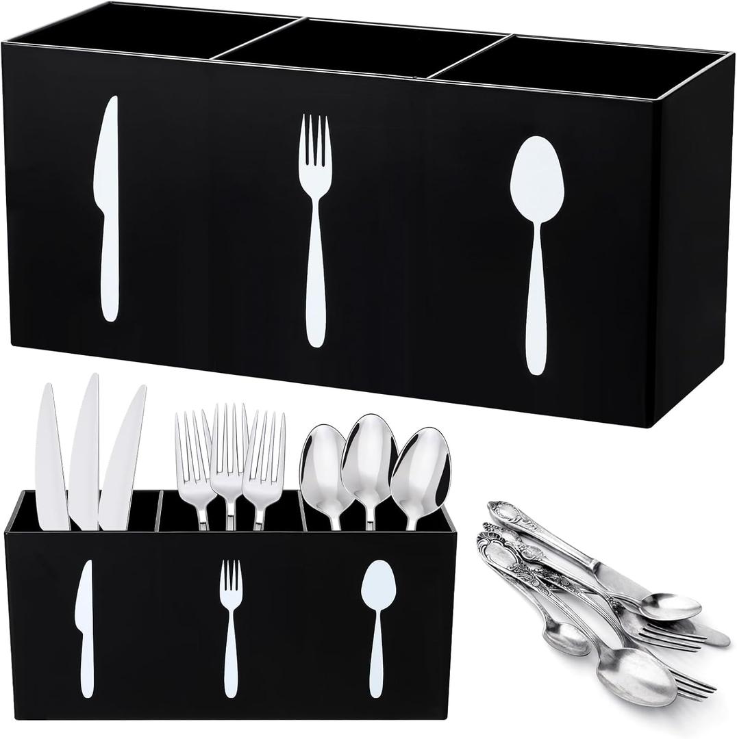 Acrylic Cutlery Storage Organizer Bin Silverware Caddy Countertop Knife Spoon and Fork Holder Kitchen 3 Section Tableware Storage Box for Cabinet Indoor Home Flatware Dining Room (Black, M)