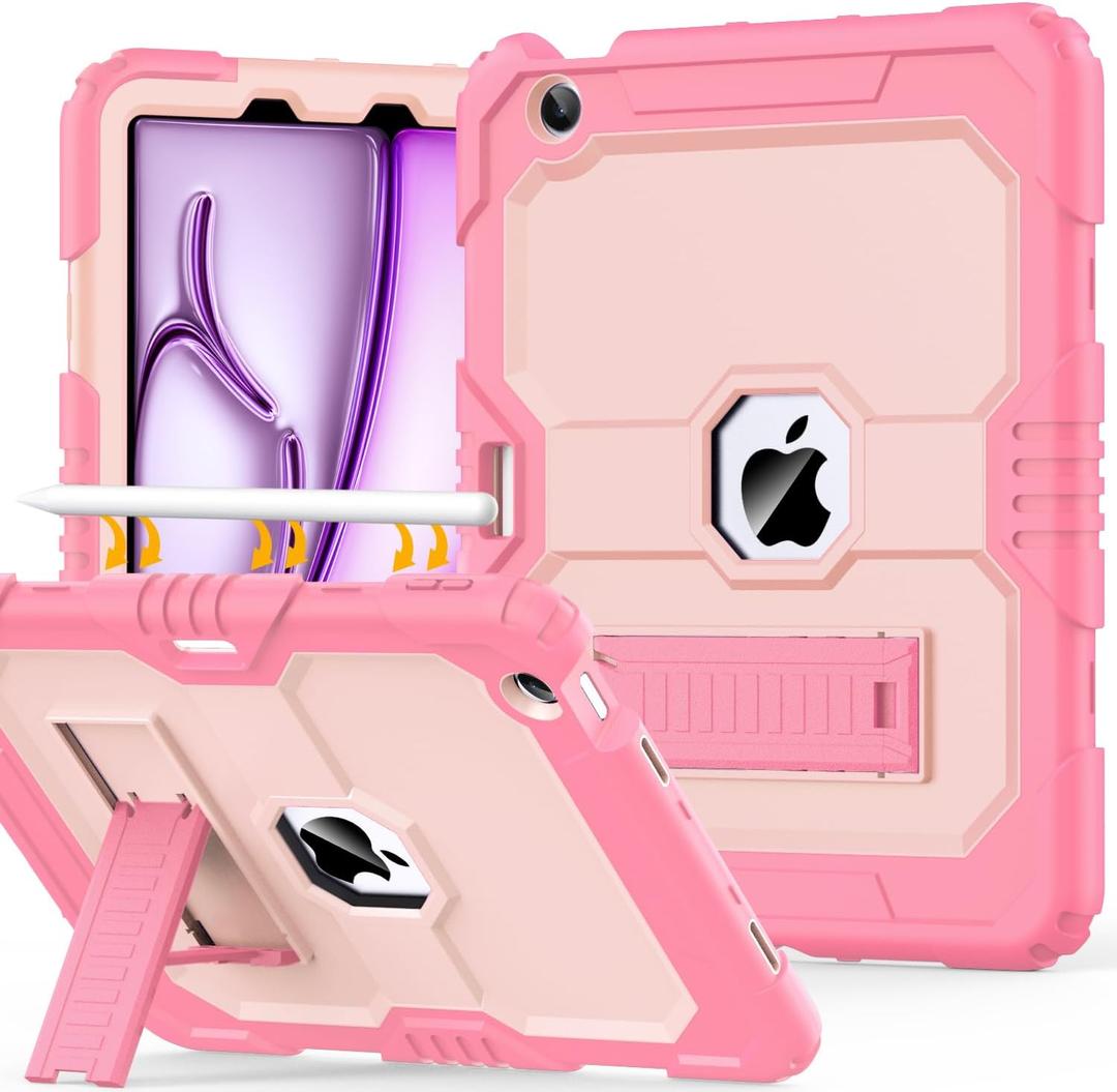 OKP Case for iPad Air 11-inch M2/M3 (2024/2025) (Air 6th), for iPad Air 5th/4th Generation (2022/2020) 10.9'', Heavy Duty Rugged Air 6 5 4 th Gen iPad Cover with Pencil Holder/Stand, Pink+LightPink