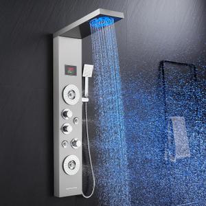 ROVATE LED Shower Panel Tower System with Rainfall and Mist Shower Head, 6-in-1 Shower Panels with Jets and Handheld and Digital Temperature Display, Shower Tower High Pressure with Tub Spout