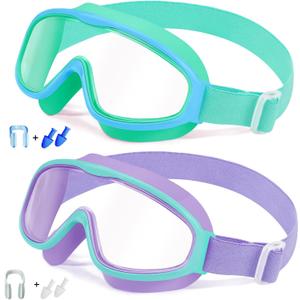 Vvinca Kids Goggles with Comfort Fabric Strap, Kids Swim Goggles Wide View Anti-Fog/UV No Leaking Swimming Goggles for 3-14 (04-mint Green& Purple Blue)