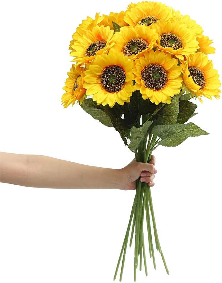 Laelfe Artificial Sunflower Flowers Long Stem Silk Fake Large Sunflowers Decoration for Outdoor Home Wedding Baby Shower Birthday Party Single Bulk Yellow Decor 6PCS (Dark Center) (23.62'')