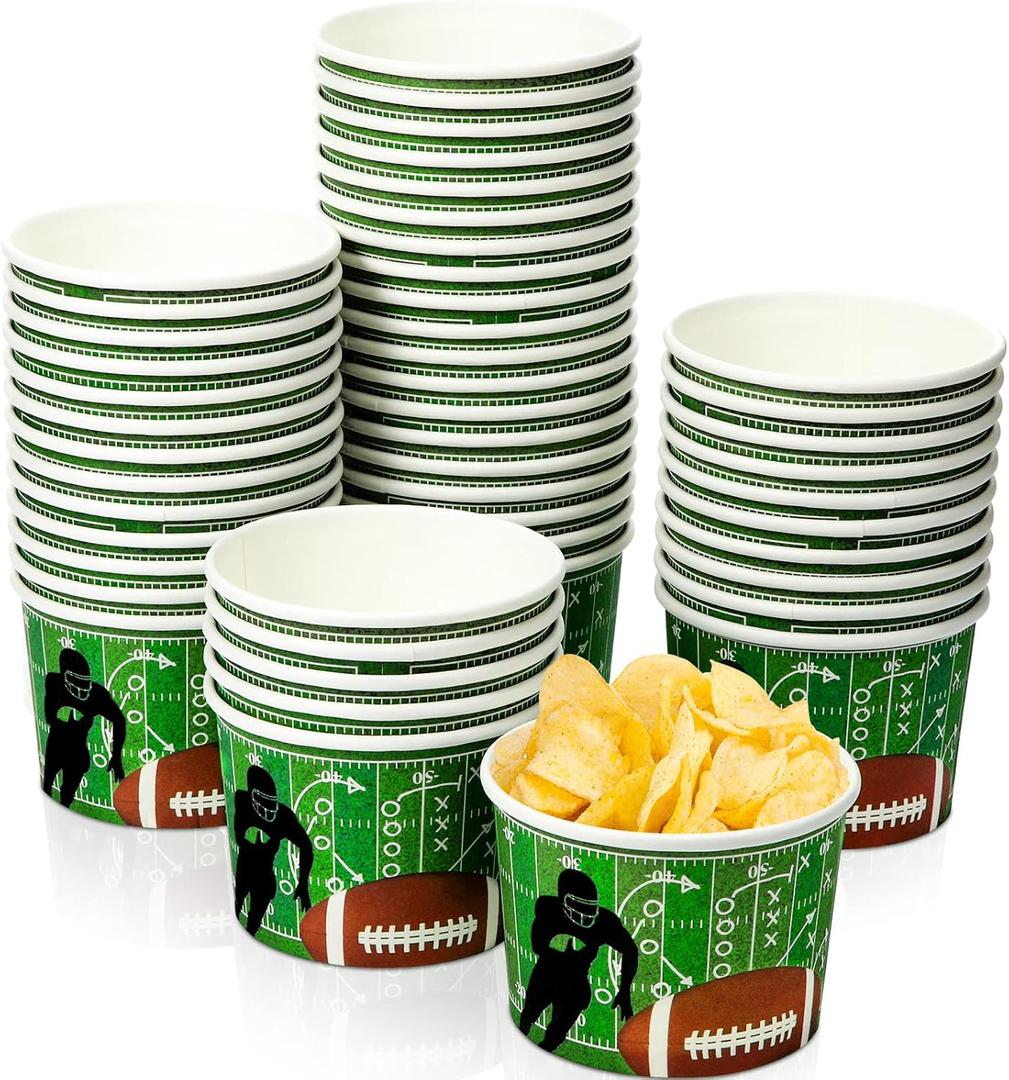 Game Day Football Bowls - 9 oz Paper Cups & Disposable Bucket for Tailgate Dinner (48 Pieces, Cool Style)