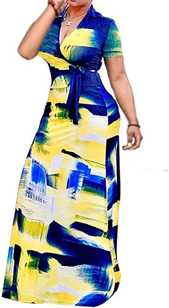 Locryz Women's V Neck 3/4 Sleeve African Floral Printed Party Loose Long Maxi Dress with Belt (XX-Large)