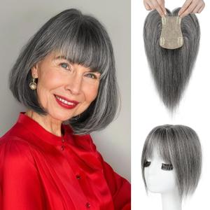 REECHO Human Hair Toppers with Bangs, Thick Hair Volume Topper Hairpiece for Women Real Human Hair Extensions for Daily Wear, Dark Gray (3.6"x5.0")