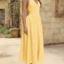 Wenrine Womens Halter V Neck Corset Maxi Dresses Summer Plaid Smocked Tie Back Backless Wedding Guest Drop Waist Dress (Yellow, L)