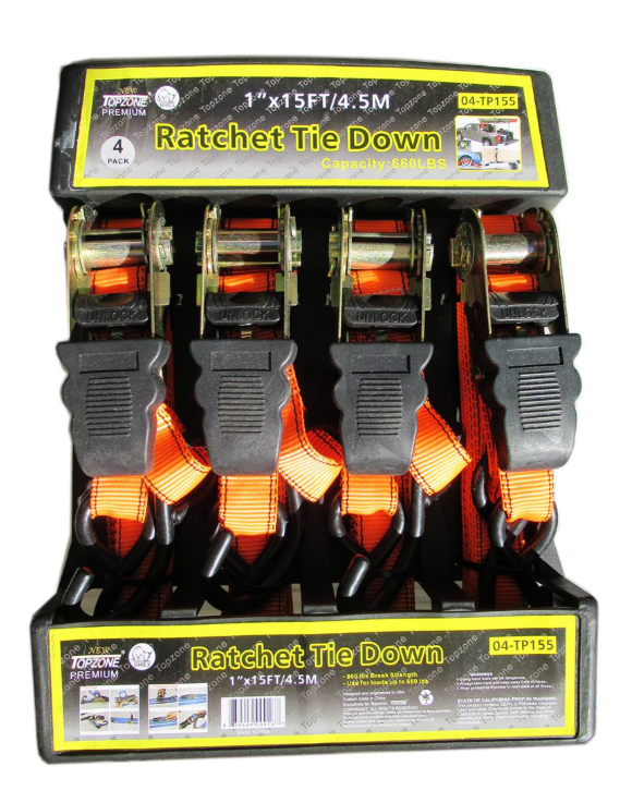 Set of 4 pcs 15 ft (4.5 meter) x 1 inch Ratchet Tie Down Strap