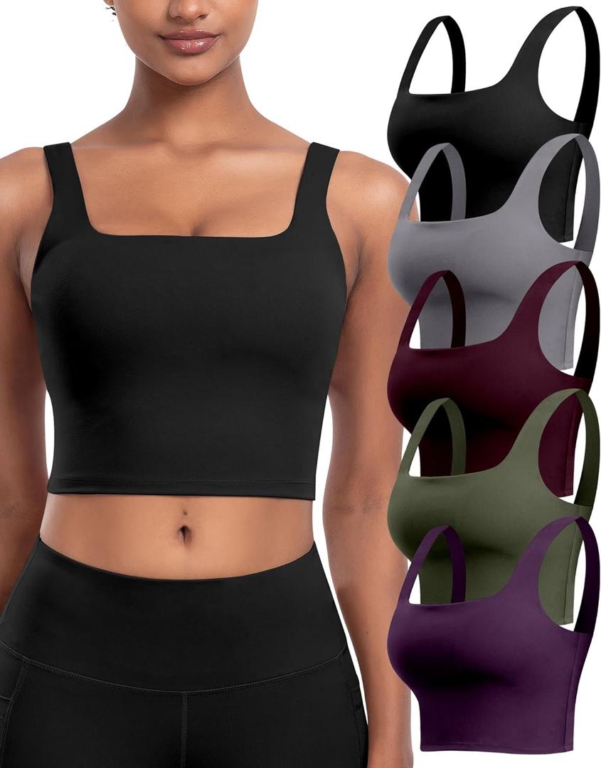 Womens Sports Bras 5 Packs - Square Neck Longline Workout Crop Tank Tops Padded Yoga Camisole with Built in Pads (X-Large, 5 Packs - Black/Dark Gray/Army Green/Purple/Cassis)