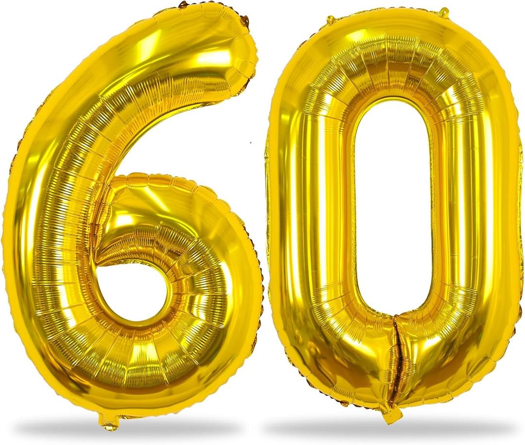 60th Birthday Balloons Gold for Women, 40 Inch Giant Mylar Foil Number 60 Balloons Self Inflating, Gold Digit 6 & 0 Helium Balloons for Men 60th Anniversary Party Decorations Supplies