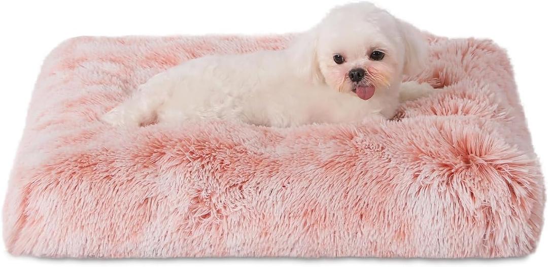 Bedfolks Waterproof Crate Bed, Plush Dog & Cat Bed with Washable Cover, Faux Fur Kennel Pad, 17"x12", Pink (XX-Small(17x12''))