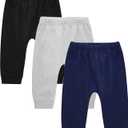 Baby Boys Cotton Pants, 3-Pack Sweatpants for 0-18 Months (Black/Heather Grey/Navy)