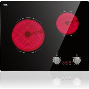 Electric Cooktop 2 Burner, 21 Inch Double Electric Stove Top Mechanical Knob Control Built-in 3700W Large Ceramic Stove Top, 9 Heating Level, 220-240V, Hard Wired,Overheating Protection