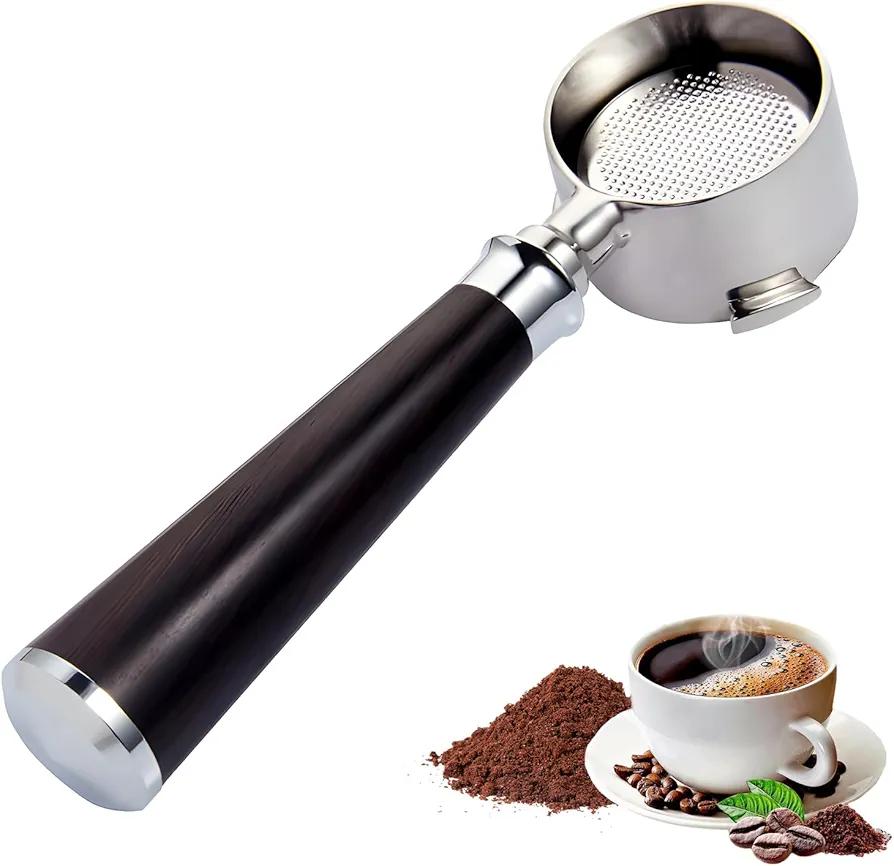 51mm Bottomless Naked Portafilter Stainless Steel 3 Ears Wood Handle Bottomless Portafilter Filter Basket Include for Home Coffee Making