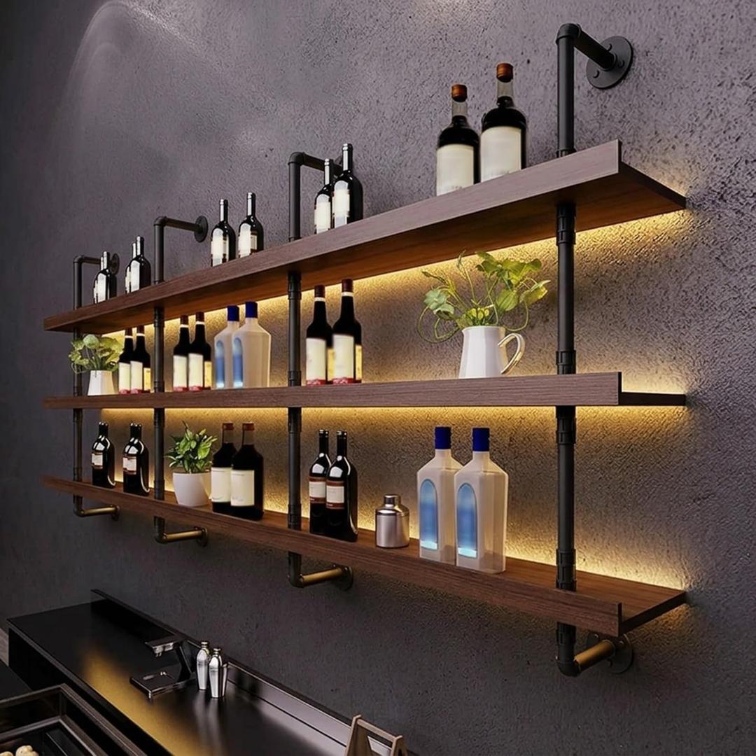 Solid Wood Wine Racks Wall Mounted with LED Lights, Modern Metal Wine Bottles Display Shelf, Industrial Iron Floating Lighted Bar Liquor Whiskey Shelves Rack for Home & Dining Room(120CM/47.2IN)
