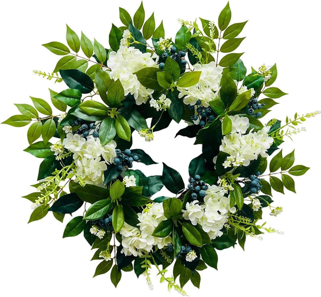 Svndlyn 22 Inch Lighted Hydrangea Wreath with Timer for All Season 20 Lights Steady & Flashing Modes Artificial Hydrangea Flower Blueberry and Eucalyptus Leaves for Outdoor Front Door Wall Window