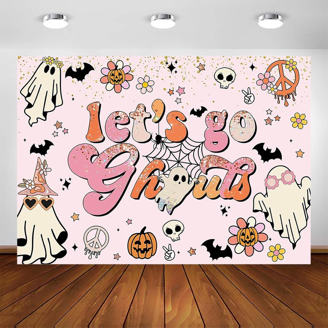 Avezano Let's Go Ghouls Backdrop Halloween Boo Bachelorette Party Decorations Boho Groovy Retro Hippie Theme Bridal Shower Wedding Engagement Party Photography Background Cake Table Banner (7x5ft)