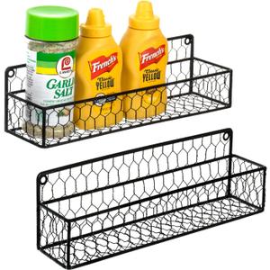 MyGift 2 Pcs Spice Rack Wall Mount, Small Seasoning Shelf Organizer, 12-Inch Over the Stove Hanging Kitchen Condiment Basket Storage Display, Black Wire (Set of 2)