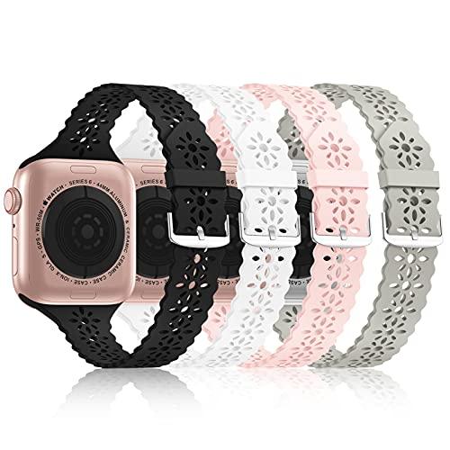 Bandiction 4 Pack Lace Silicone Bands Compatible with Apple Watch Bands 38mm 40mm 41mm 42mm 44mm 45mm 46mm 49mm, Women Slim Thin Hollow-out Wristband for iWatch Series 11 10 9 Ultra 8 SE 7 6 5 4 3 2 1 (Black/White/Sand Pink/Stone)