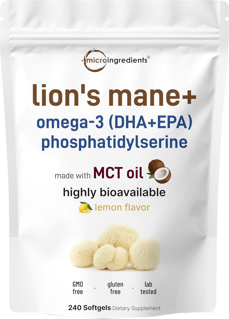 Micro Ingredients Lions Mane+ with Omega-3 EPA DHA & Phosphatidylserine  240 Softgels with MCT Oil for Better Absorption  Fruiting Body & Mycelium Superfood Mushroom Extract  Lemon Flavored