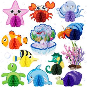 12 Pcs Under The Sea Party Decorations, Sea Animals Honeycomb Centerpieces Ocean Fish Centerpieces for Table Beach Table Decorations for Baby Shower Sea Creatures Theme Birthday Party Supplies