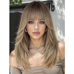 AISI HAIR Beginner Friendly Wigs Platinum Blonde Wig with Bangs for Women, Middle Length Natural Layered Straight Wig for Daily Party