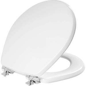Mayfair Bennett Toilet Seat with Chrome Hinges, Slow Close Wood Seat, Secure Metal Hinges, Easy Install, Made in USA, Round, White