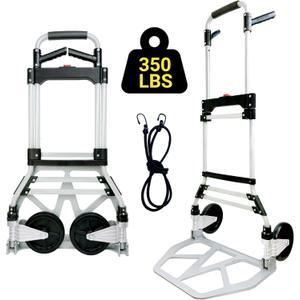 350LBS Folding Hand Truck Dolly Cart, Aluminum Portable Cart Heavy Duty Utility Dolly Trolley with Swivel Handle, Telescoping Handle, Elastic Cord, 7-inch Big Wheels for Home, Shopping, Office