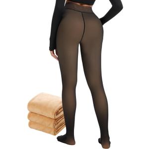 Fleece Lined Tights Women 300G Thick One Line Thermal Winter Warm Translucent Black Sheer (Small)