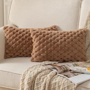 MANDIOO Pack of 2 Brown Super Soft Plush Fluffy Decorative Throw Pillow Covers 12x20 inch Faux Fur Wool Velvet Cushion Covers Pillow Cases Couch Sofa Bed Living Room