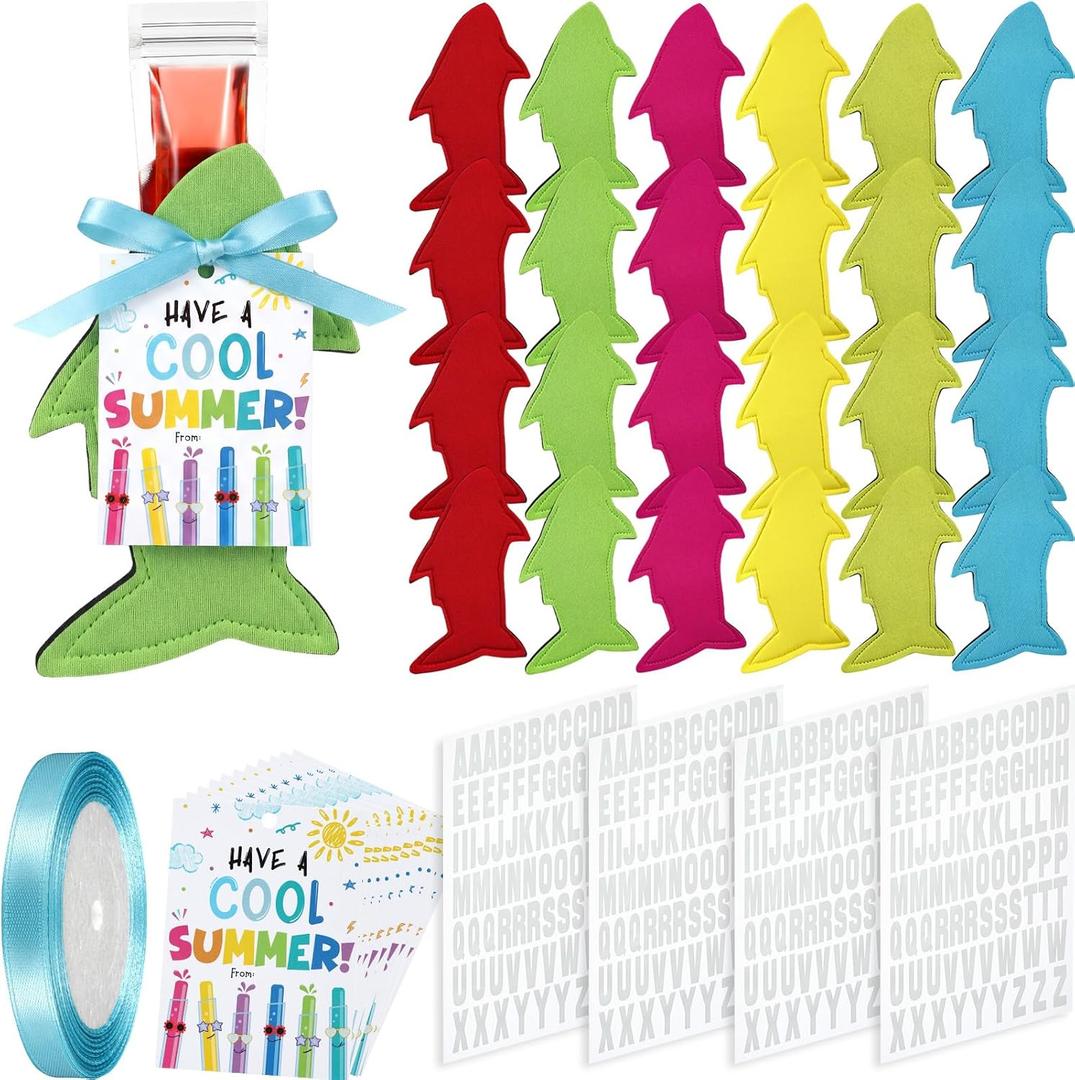 LemonRoad 24 Sets End of Year Gift Includes 24 Pcs Reusable Ice Lolly Sleeves, End of the Year Gifts Ice Pop Sleeves, with A-Z Heat Transfer Letters Cards Ribbon for Prizes Summer Party(Shark)