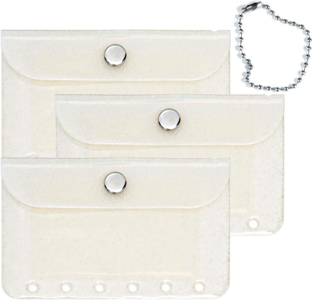 Mogoostry A7 Binder Pockets 3PCS Clear Coin Purse 6 Holes Binder Pouches Snap Closure White Glitter Wallet Card Holder Keychain Pouch Organizer