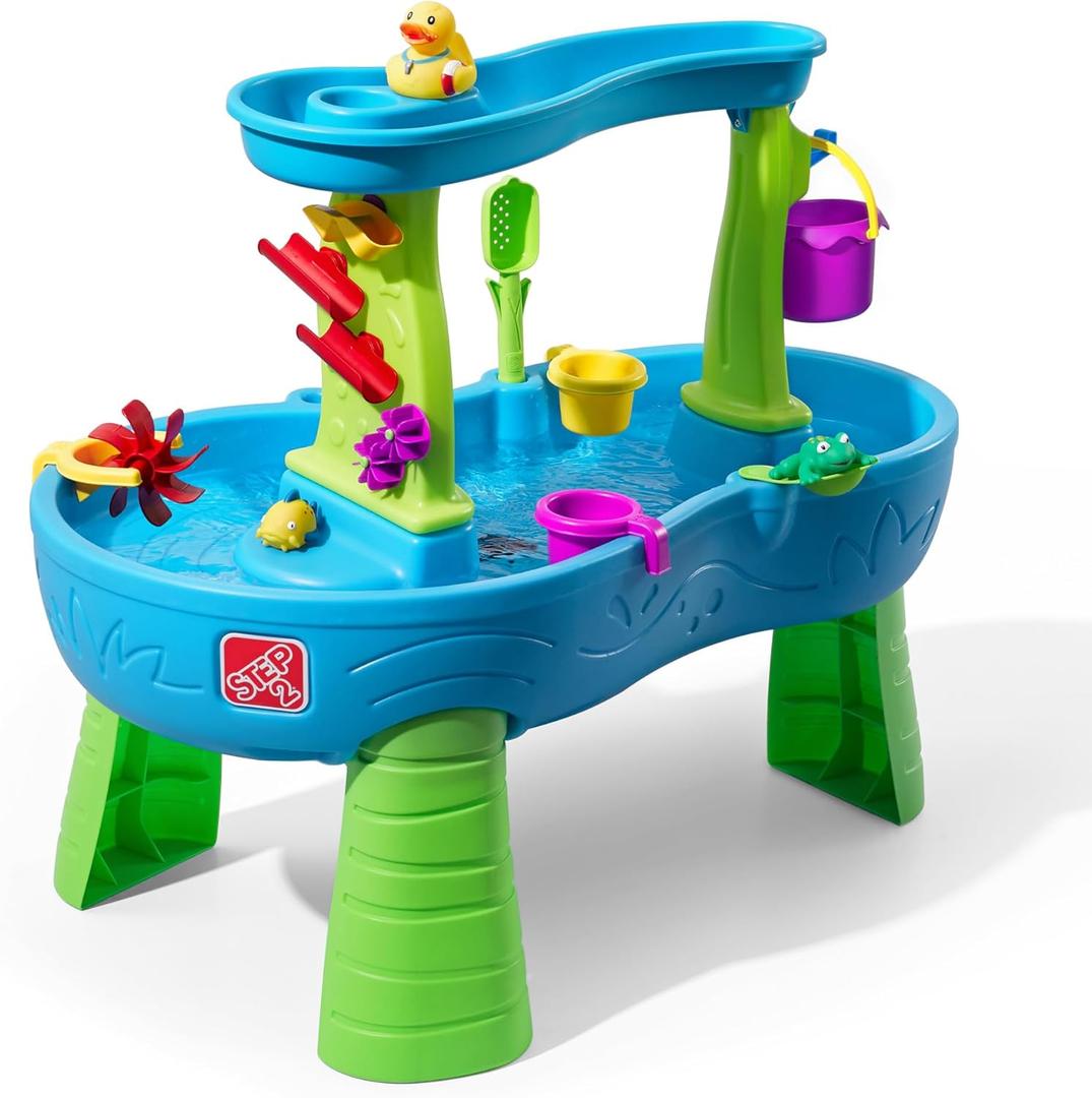 Step2 Rain Showers Splash Pond Water Table, Kids Water and Sand Activity Sensory Playset, Summer Outdoor Toys, 13 Piece Water Toy Accessories, For Toddlers 1.5+ Years Old, Blue & Green, 39 X 24 X 32