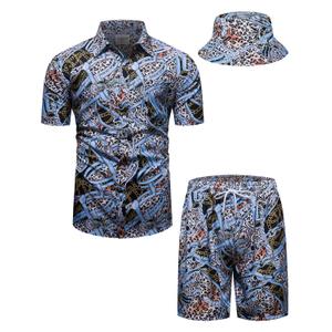 fohemr Mens Luxury Outfit Set Black Gold Shirts And Shorts 2 Piece Tracksuit Set Baroque Button Down Chain Print Suit with Bucket Hats Blue XX-Large (XXL)