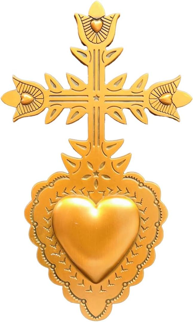 Gold Wall Cross-Saint Heart Miracle Decorative Wall Cross, Antique Gold Heart Design, Vintage Religious Home Decor