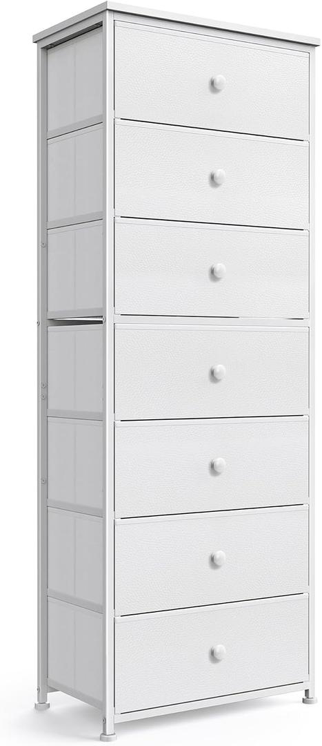 Mifuro Tall Fabric Dresser for Bedroom, Vertical Storage Organizer Tower with 7 Drawers, Chest of Drawers with Bins, Steel Frame, Wood Top for Bedroom, Closet, Entryway White