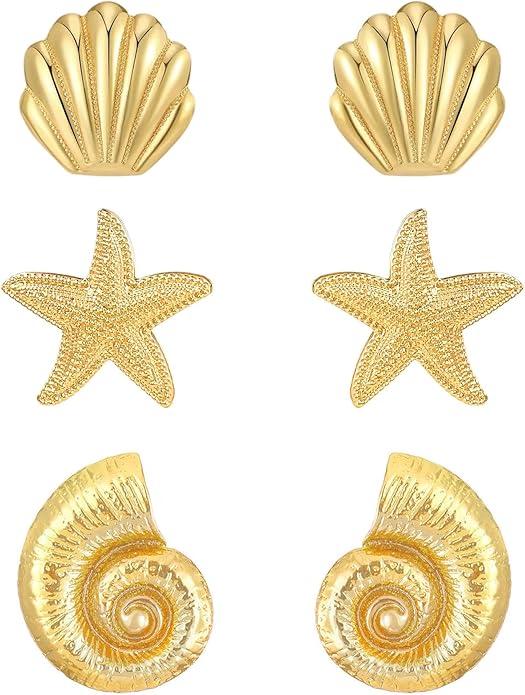 3 Pairs Beach Earrings for Women 14K Gold Statement Earrings Summer Ocean Jewelry Starfish Conch Seashell Stud Earring Set
