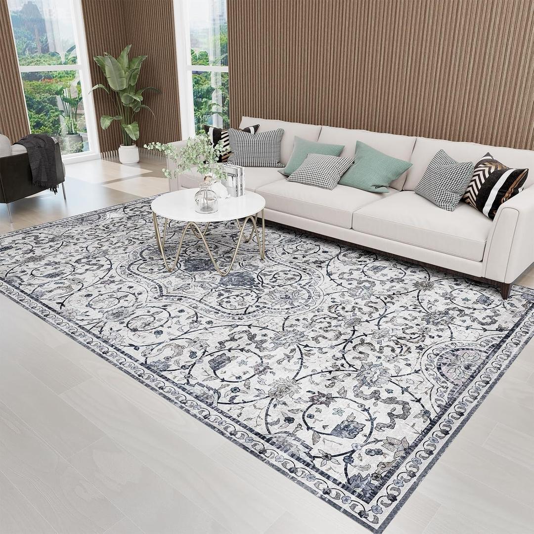 SALLOUS Vinyl Floor Mat for Home, 4x6ft Area Rug for Living Room, Non-Slip Waterproof Floor Mat for Bedroom, Washable Area Mat for Kitchen, Bathroom, Entryway (Grayish Blue Bohemian-Style)