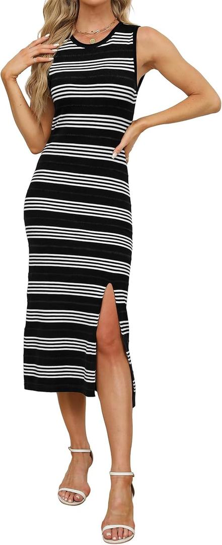 WIHOLL Womens Bodycon Summer Casual Midi Sundress Sleeveless Cute Hollow Out Knit Side Slit Striped Long Tank Dress (Large, Black)