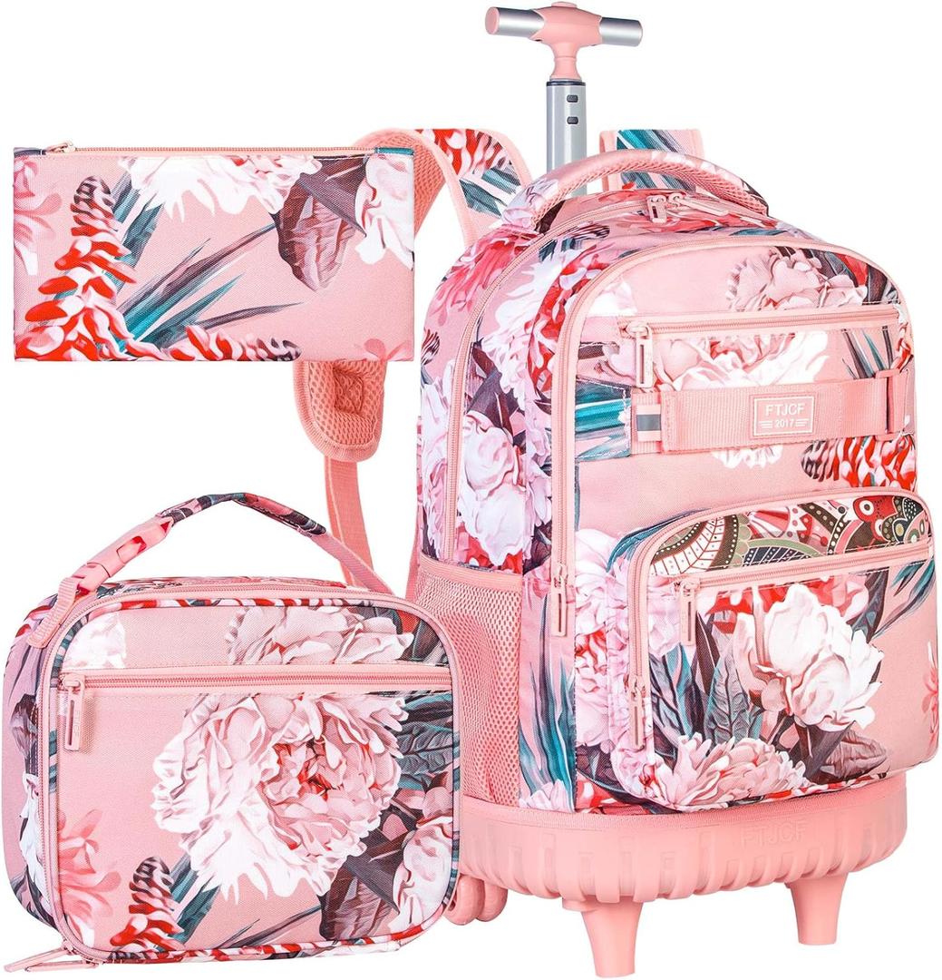 3Pcs Rolling Backpack for Girls Women, 19 Inche Adults Roller Bag with Wheels, Flower Wheeled Bookbag with Lunch Box(Pink)