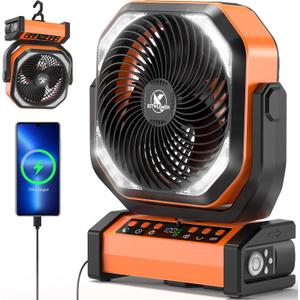 Camping Fan with Light - 20000mAh Rechargeable Battery Tent Fan, 112Hrs Max, 8 Speeds, Digital Display, Timer, Auto Oscillation, 270 Pivot & Hook for Garage, RV, Hurricane, Co-Branded with MORECORE (9 inch, Orange)