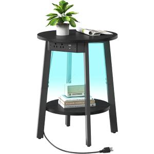 Round End Table with Charging Station, Black LED Small Side Table for Small Space, USB Power Oulets & LED Strip, 2-Tier Round Accent Table Couch Sofa Nighstands for Living Room, Bedroom, Black