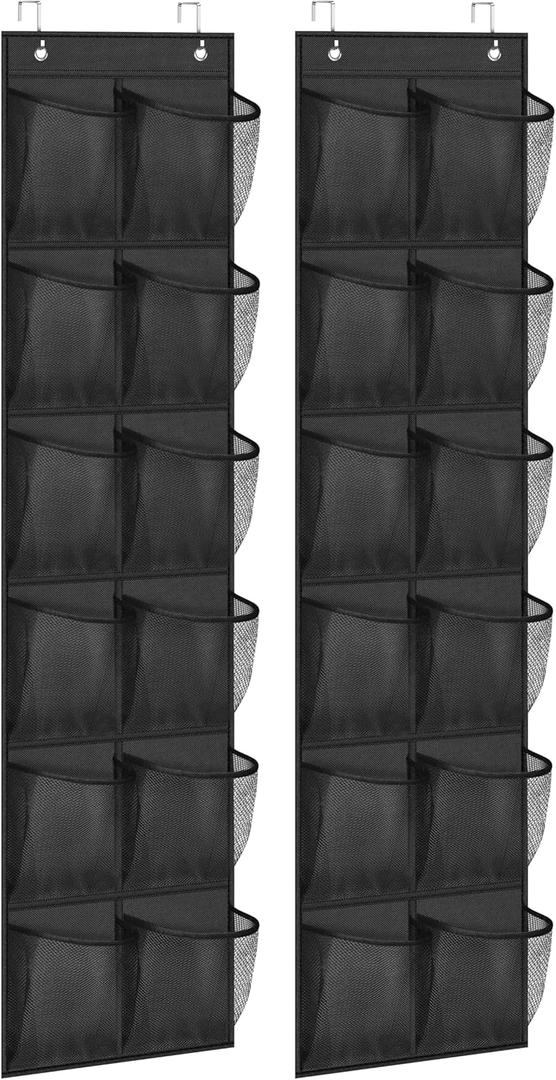 MISSLO Over The Door Shoe Organizer 12 Large Mesh Pockets Hanging Narrow Closet Door, Black, 2 Pack