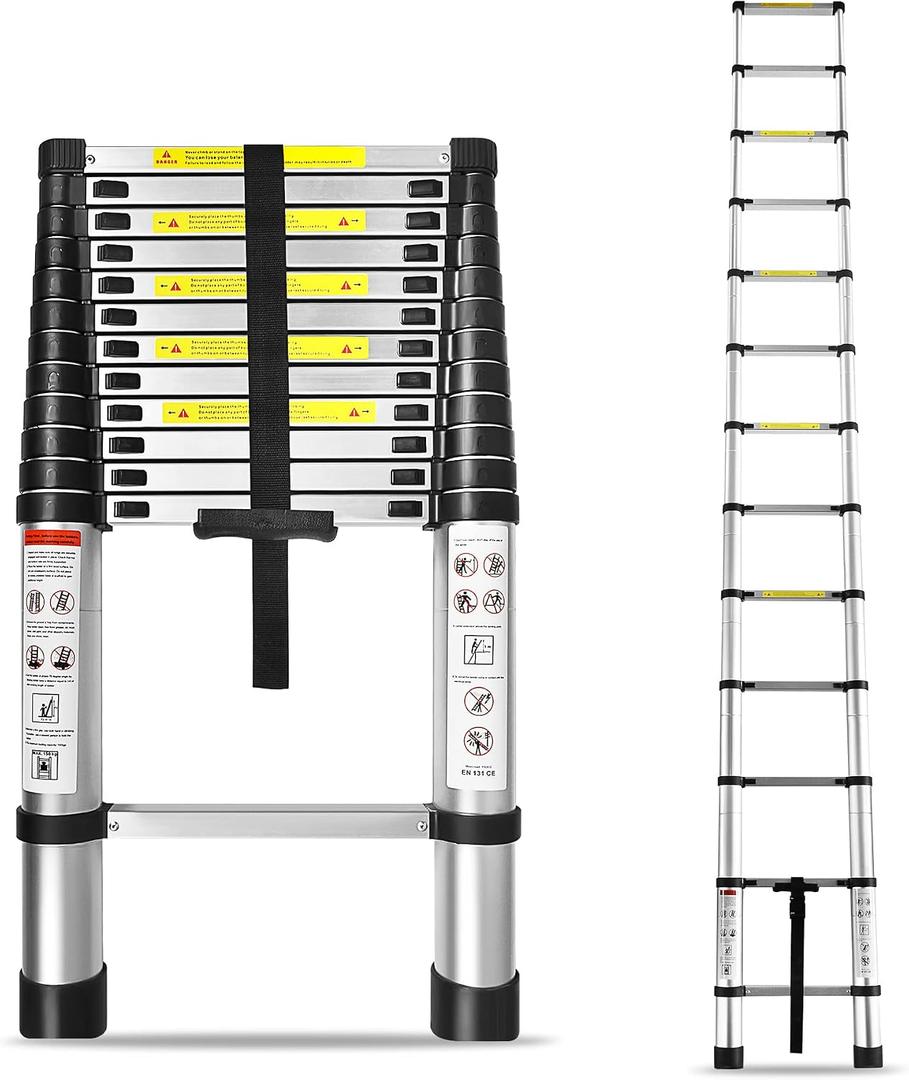 12.5ft Telescoping Ladder Aluminum Extendable Ladder Collapsible Locking Mechanism for Attic Household Use Outdoor Work 330 lbs Capacity Heavy Duty