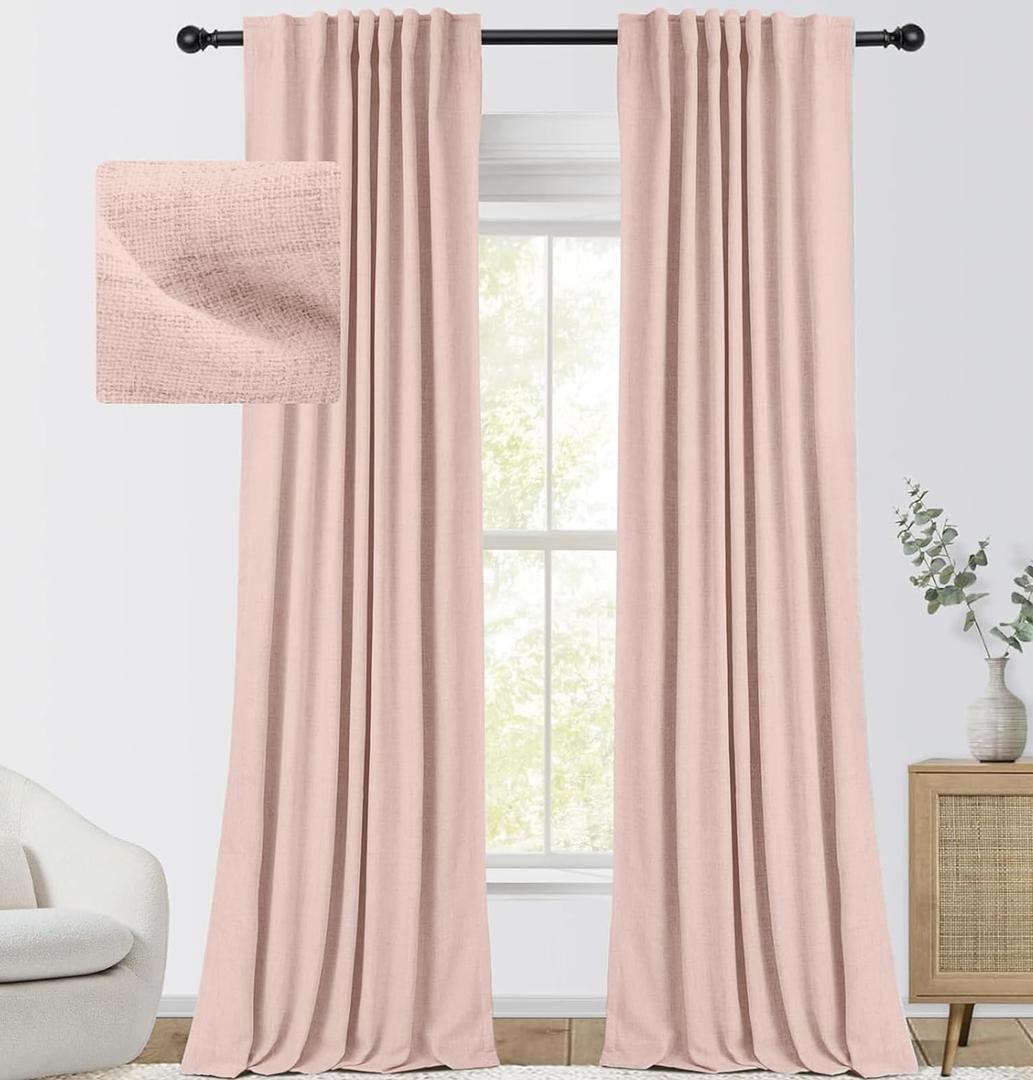 100% Blackout Curtains for Bedroom, Thermal Black Out Curtains, Back Tab/Rod Pocket Linen Blackout Drapes, Room Darkening Drapes for Living Room, 52''W x 96''L, Pink