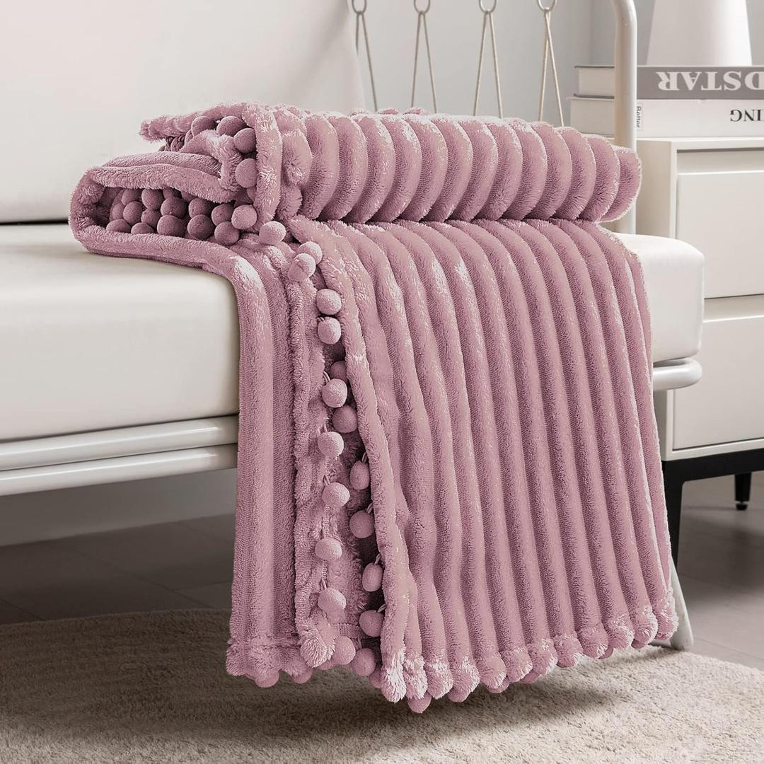 DISSA Fleece Blanket Throw Size  51x63, Pink  Soft, Plush, Fluffy, Fuzzy, Warm, Cozy  Perfect Throw for Couch, Bed, Sofa - with Pompom Fringe - Flannel Blanket Throw Blanket