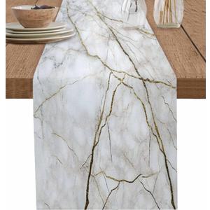 Marble Table Runner-Cotton Linen-Long 120 inches White Gray Gold Dresser Scarves, Texture Table Runner for Kitchen Coffee/Dining/Sofa/End Table Bedroom Home Living Room, Scarves Decor for Holiday Dinner